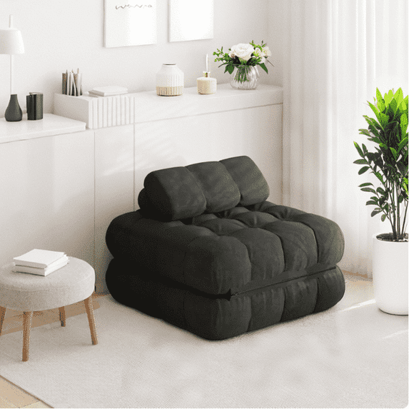 Erinnyees Foldable Futon Sofa Bed Single Size, Portable Sleeper Chair, Floor Mattress & Lounge Couch, Includes Pillow for Living Room, Bedroom, Apartmen, Black