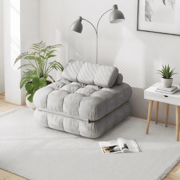 Erinnyees Foldable Futon Sofa Bed Single Size, Portable Sleeper Chair, Floor Mattress & Lounge Couch, Includes Pillow for Living Room, Bedroom, Apartmen, Gray