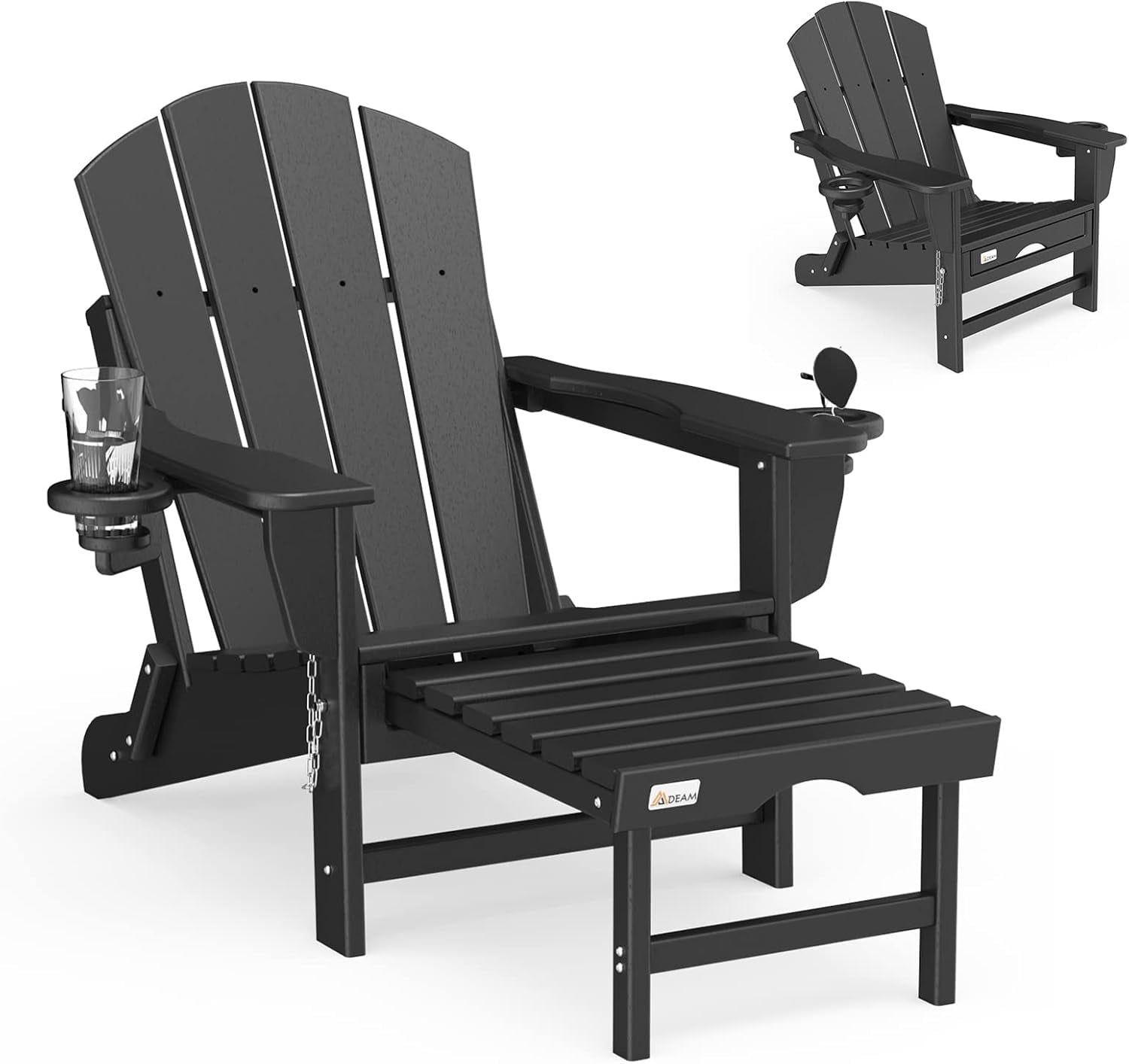 Erinnyees Folding Adirondack Chair with Retractable Ottoman, HDPE All-Weather Fire Pit Chair with 2 Cup Holders, Outdoor Chair for Deck Patio Garden Backyard Lawn
