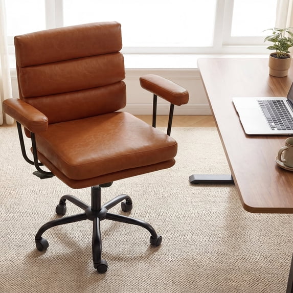 Erinnyees Home Office Chair with Double Layer Cushion, Comfy Desk Chair with Removable Armrests&Smooth Wheels,Adjustable Rolling Swivel Computer Chair for Study,Bedroom, Camel