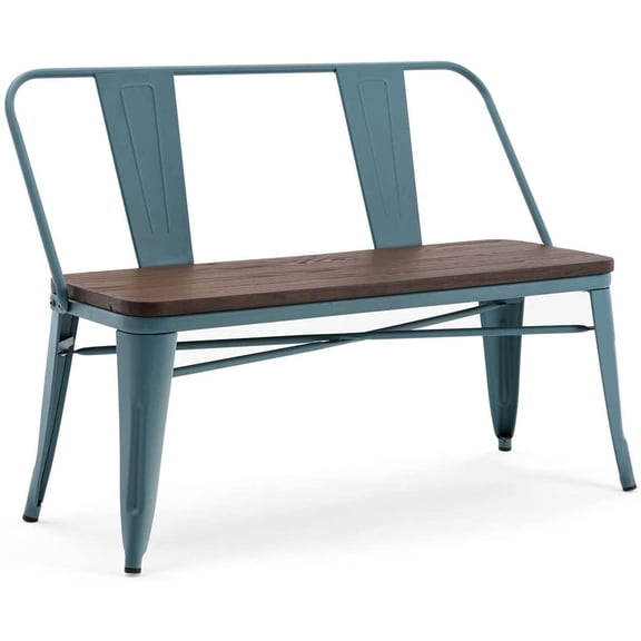 Erinnyees Industrial Bench Collection L-Shaped Distressed Metal/Wood Dining Bench, Blue/Brown