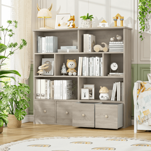 Erinnyees Kids Toy Organizer: 4-Drawer Bookshelf with 7 Cubbies, Natural
