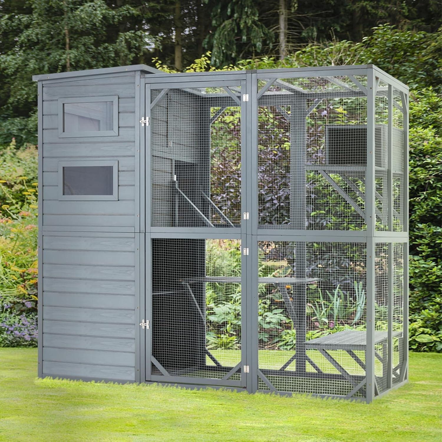 Erinnyees Large 4-Tier Cat Enclosure, Outdoor Catio & Indoor Cat House with Weatherproof Roof for Multiple Cats, 4 Rooms, 70"Hx32"Wx77"L, Gray Green