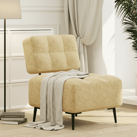 Erinnyees Mid-Century Modern Accent Chair with Plush Cushion & Metal Legs, Comfy Gray Linen Armchair for Living Room, Bedroom, Yellow