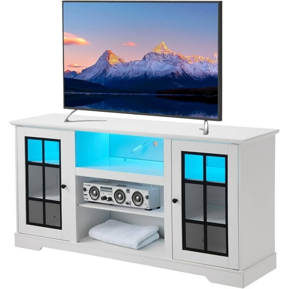 Erinnyees Modern Wood TV Stand for 65" TV, Corner TV Cabinet Entertainment Center, TV Console with RGB LED Lights and Power Outlets, for Living Room, White