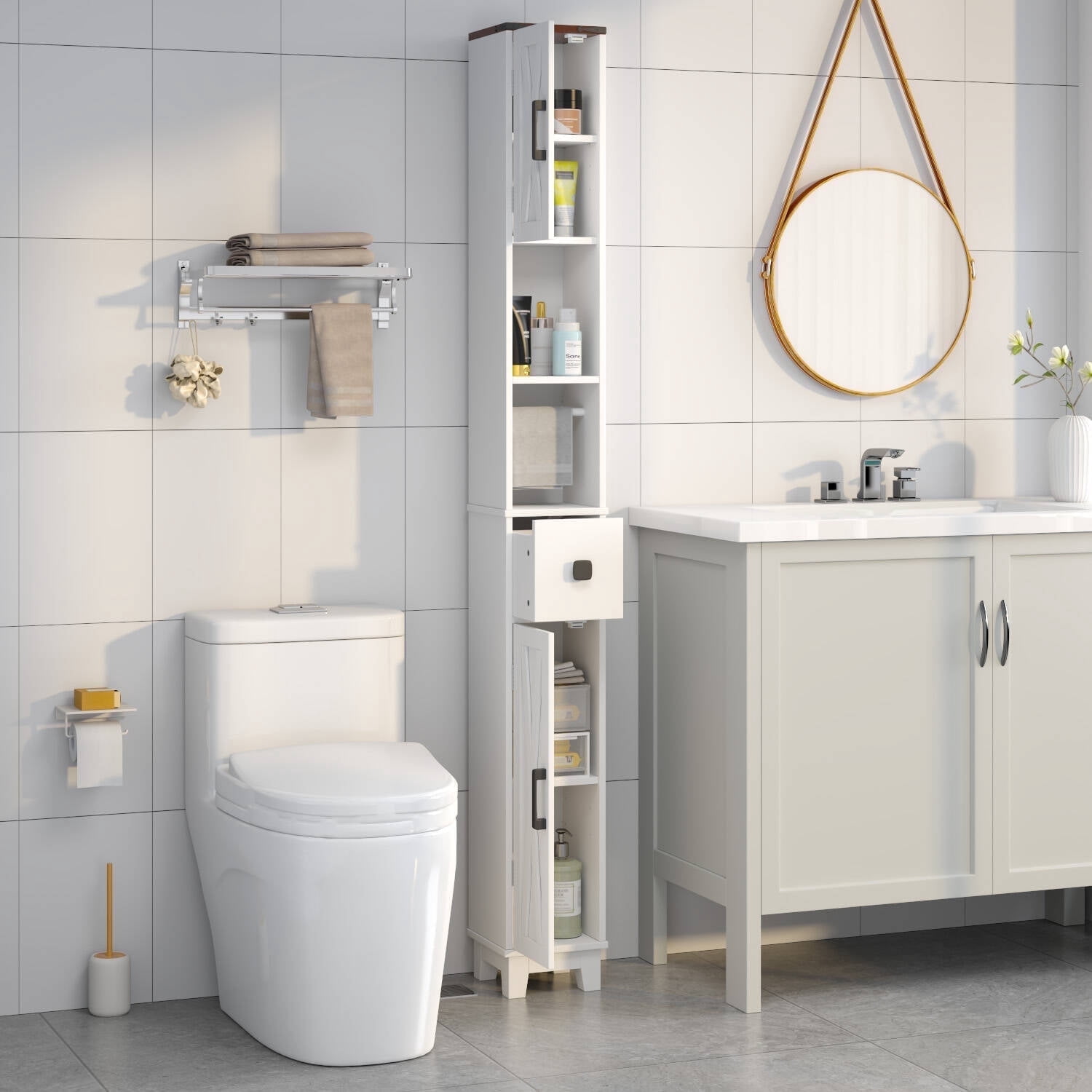 Erinnyees Narrow Bathroom Storage Cabinet, Skinny Freestanding Floor Cabinet, with Adjustable Shelves & Towel Bar, for Small Space, Living Room, Laundry Room, White
