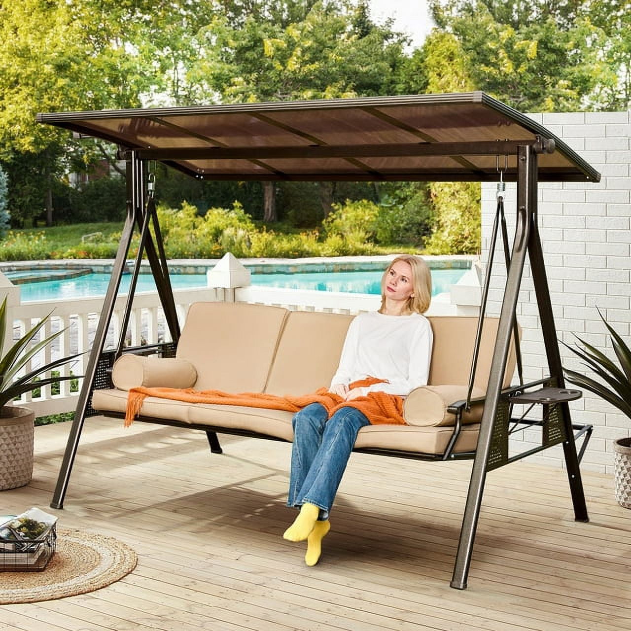 Richryce 3 Seat Outdoor Patio Swing Chair Convertible Bed with Adjustable Canopy for Garden Yard Porch Deck Khaki Walmart