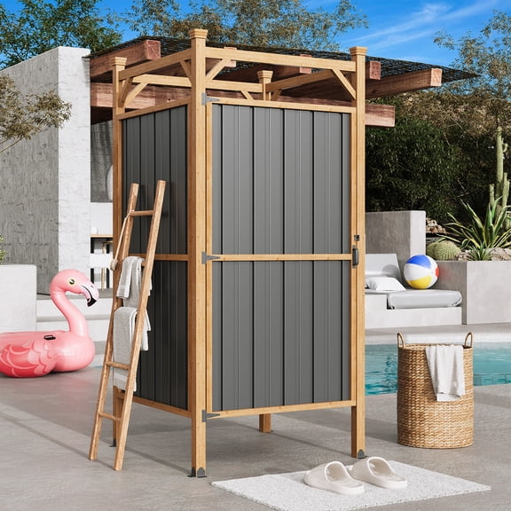 Erinnyees Outdoor Shower Enclosure with Lockable Door, Weatherproof Outdoor Shower Stall with Metal Panels, Hooks & Shelves - Perfect for Pool Wash Station, Backyard & Beach Rinse Area Small Version