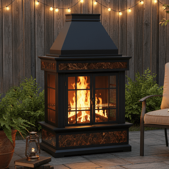 Erinnyees Outdoor Wood Burning Fireplace with Wood Storage and Removable Fire Grill - 57 Inch Large Tile Finish Steel Fire Pit for Patio ,Garden,Deck and Backyard, Black