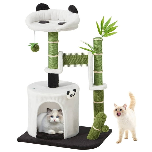 Erinnyees Panda Cat Tree, 30.7" Cat Tower with Self Groomer, Scratching Post, Cat Condo and Hang Ball, Bamboo Leaf Shape Design