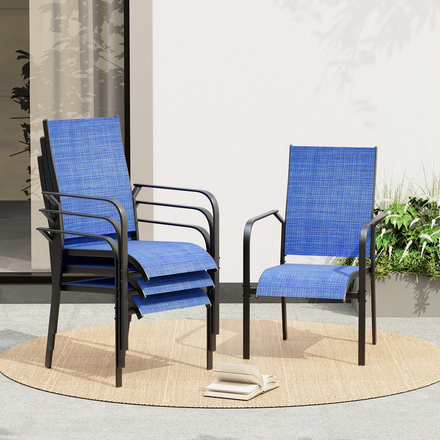 Erinnyees Patio Chairs Set of 4, Stackable Outdoor Dining Chairs, All Weather Breathable Textile, Heavy Duty Metal Frame Porch Chairs for Backyard, Lawn (Only Chairs, Blue, Set of 4)