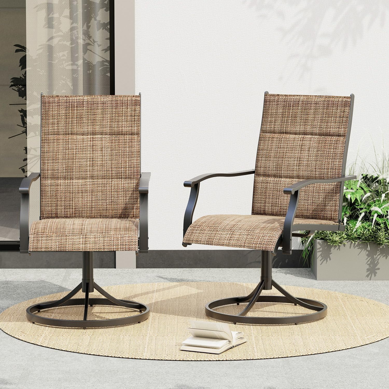 Erinnyees Patio Swing Dining Chairs Set of 2, Stackable Outdoor Swing Chairs, All Weather Breathable Textile, Heavy Duty Metal Frame Porch Chairs for Backyard, Lawn (Only Chairs, Brown, Set of 2)