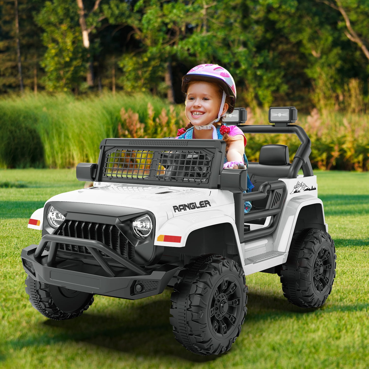 Erinnyees Ride on Jeep Car 12V Kids Electric Vehicles with Parent Remote Control, Safety Belt,Forward and Reverse Functions,Battery Powered,Spring Suspension,Music and Lights-White
