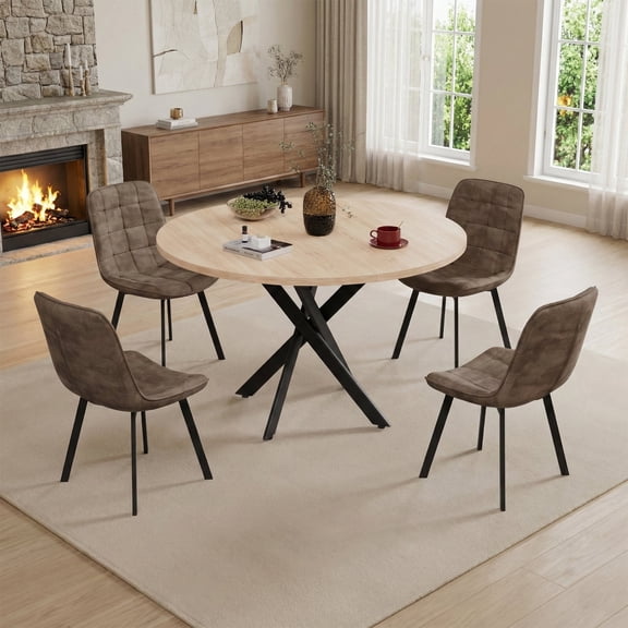 Erinnyees Round Dining Table Set for 4, Modern Kitchen Table and Chairs with X-Shaped Table Legs & U-Shaped Thick Cushion, Wooden Dining Room Set for Dining Room Kitchen