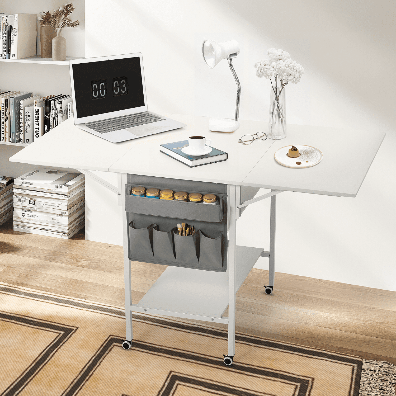 Erinnyees Sewing Table with Storage Shelves and Storage Bag, Mobile Folding Cutting Table for Large Fabric, Foldable Desk for Home Office Sewing Room Craft Room, Fixed Height 36in