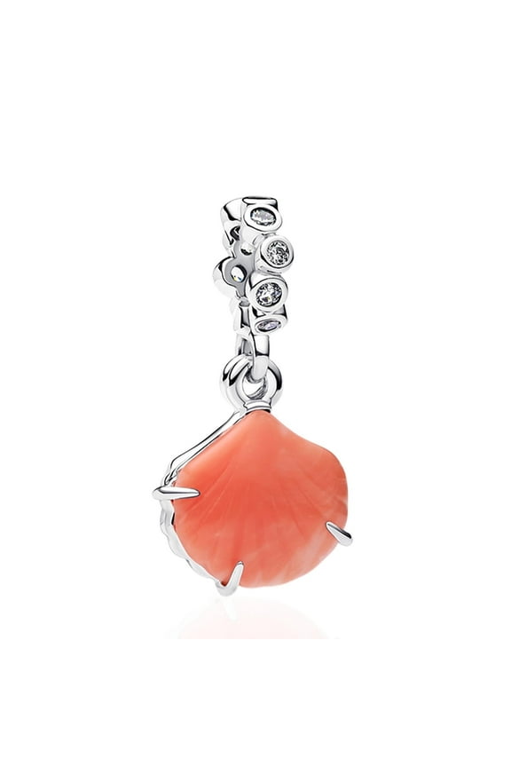 925 Sterling Silver Coral-Colored Shell Double Dangle Charm Bead Charm for Bracelet & Necklace