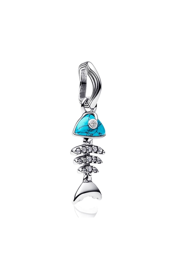 925 Sterling Silver Turquoise-colored Fishbone Dangle Charm Bead Charm for Women Charm Bracelet & Necklaces