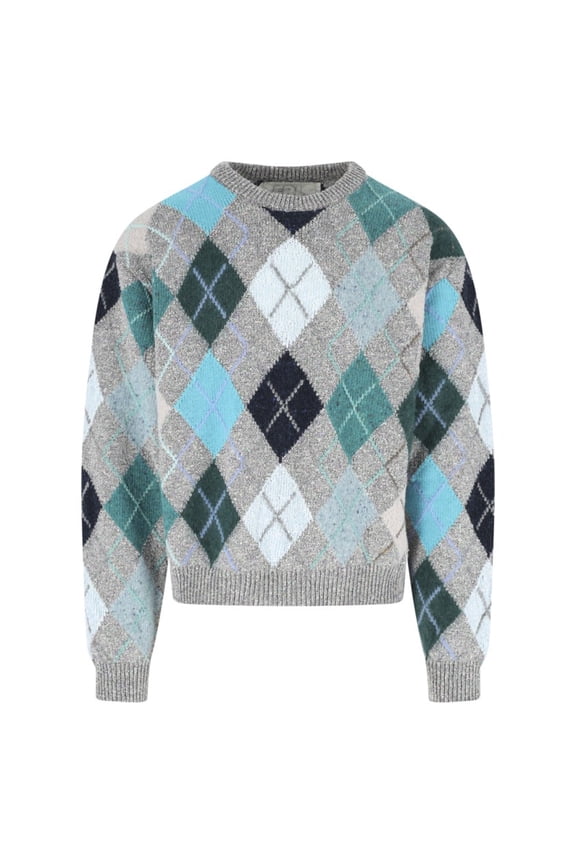 Grey Multicolor Argyle Pattern Knit Sweater (Men's)