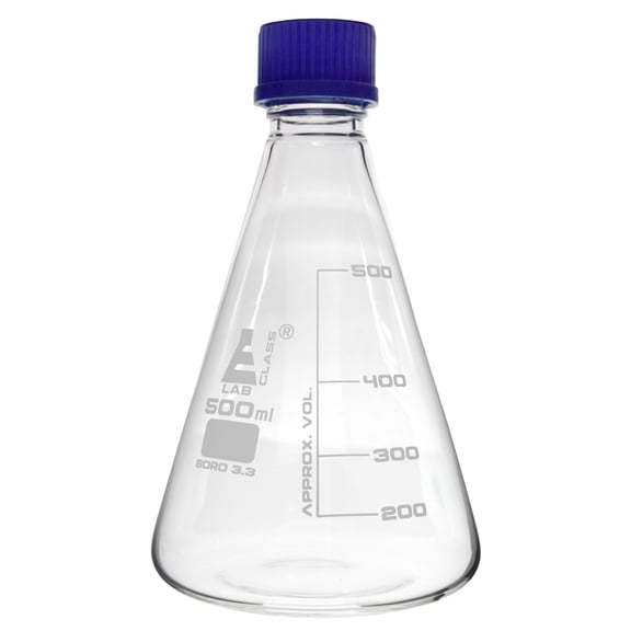 Erlenmeyer Flask, 500ml - Borosilicate Glass - With PTFE Screw Cap - Conical Shape - White Graduations - Eisco Labs