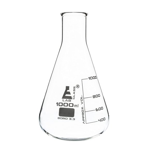 Erlenmeyer Flask, 1000mL - Borosilicate Glass - Narrow Neck Flasks, Conical Flasks, Glass Flasks - Eisco Labs