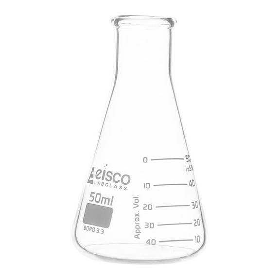 Erlenmeyer Flask, 50mL - ASTM, Dual Graduated Scale - Borosilicate Glass - Narrow Neck Flasks, Conical Flasks, Glass Flasks - Eisco Labs