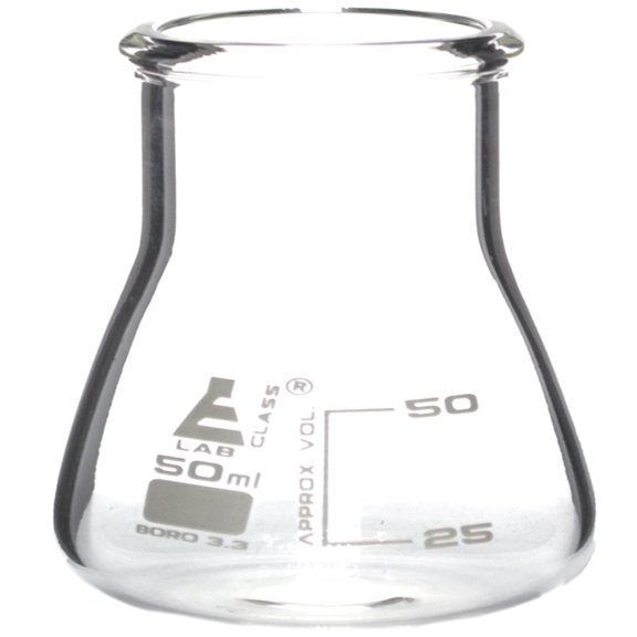 Erlenmeyer Flask, 50ml - Borosilicate Glass - Wide Neck, Conical Shape - White Graduations - Eisco Labs