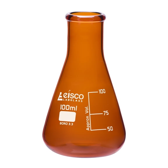 Erlenmeyer Flask, Amber, 100mL - Borosilicate Glass - Narrow Neck Flasks, Conical Flasks, Glass Flasks - Eisco Labs