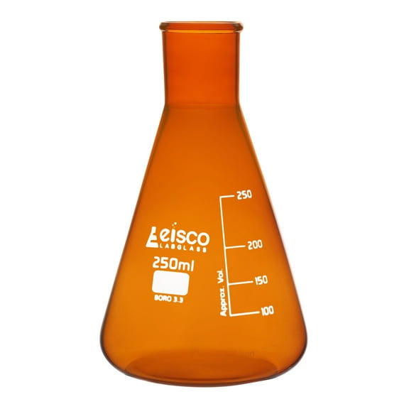 Erlenmeyer Flask, Amber, 250mL - Borosilicate Glass - Narrow Neck Flasks, Conical Flasks, Glass Flasks - Eisco Labs