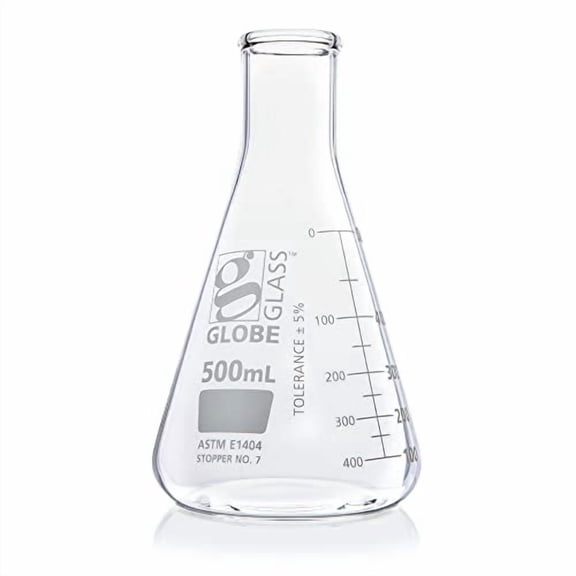 Erlenmeyer Flask, Globe Glass, 500mL, Narrow Mouth, Dual Graduations, 3.3 Borosilicate Glass, ASTM E1404, 6/Box