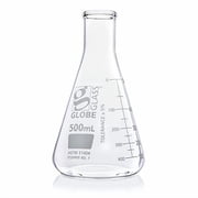 Erlenmeyer Flask, Globe Glass, 500mL, Narrow Mouth, Dual Graduations, 3.3 Borosilicate Glass, ASTM E1404, 6/Box