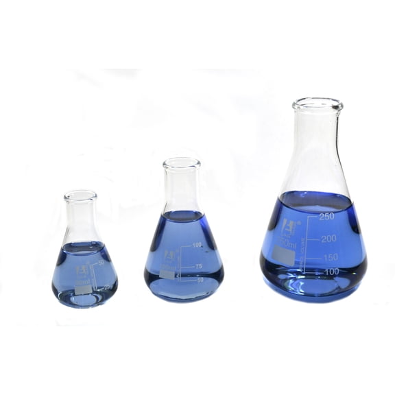 Erlenmeyer Flasks Set, 3 Pieces - 50ml, 100ml & 250ml - Borosilicate Glass - Narrow Neck, Conical Shape - White Graduations - Eisco Labs