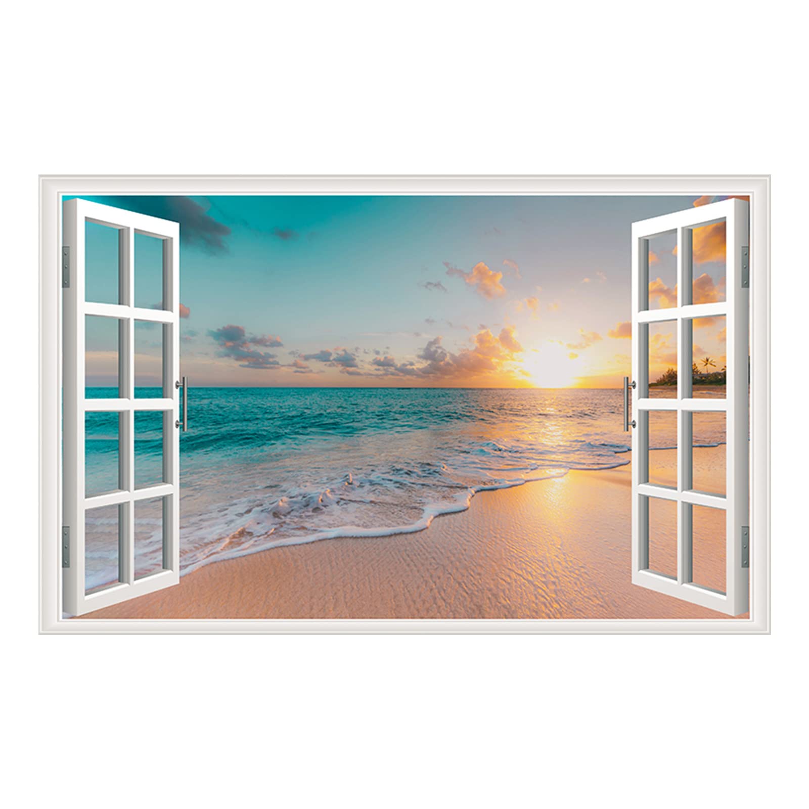 Erllsino Sea Beach Wall Sticker Sunset Seascape Fake Window Wall Stickers Tropical Sandy Beach