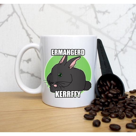 Ermahgerd kerrfy, bunny, meme mug, funny meme mug, bunny mug, bunnover gift, millennial humor, millennial gif, coffee lover gif