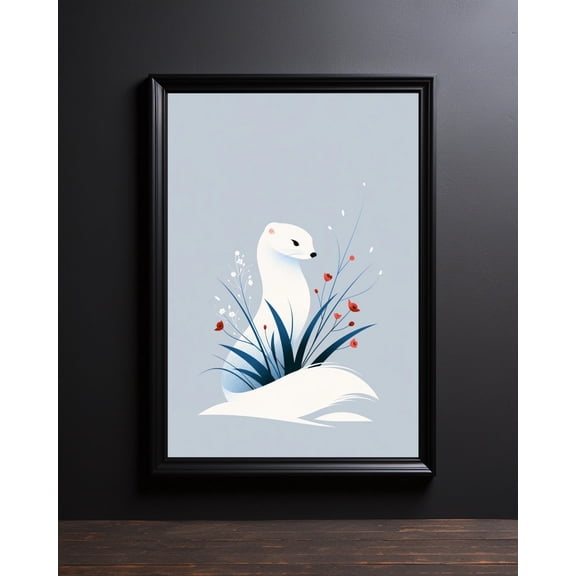 Ermine Wall Art, White Stoat Print, Floral Woodland Poster, Minimalist Wildlife Decor, Poster Only