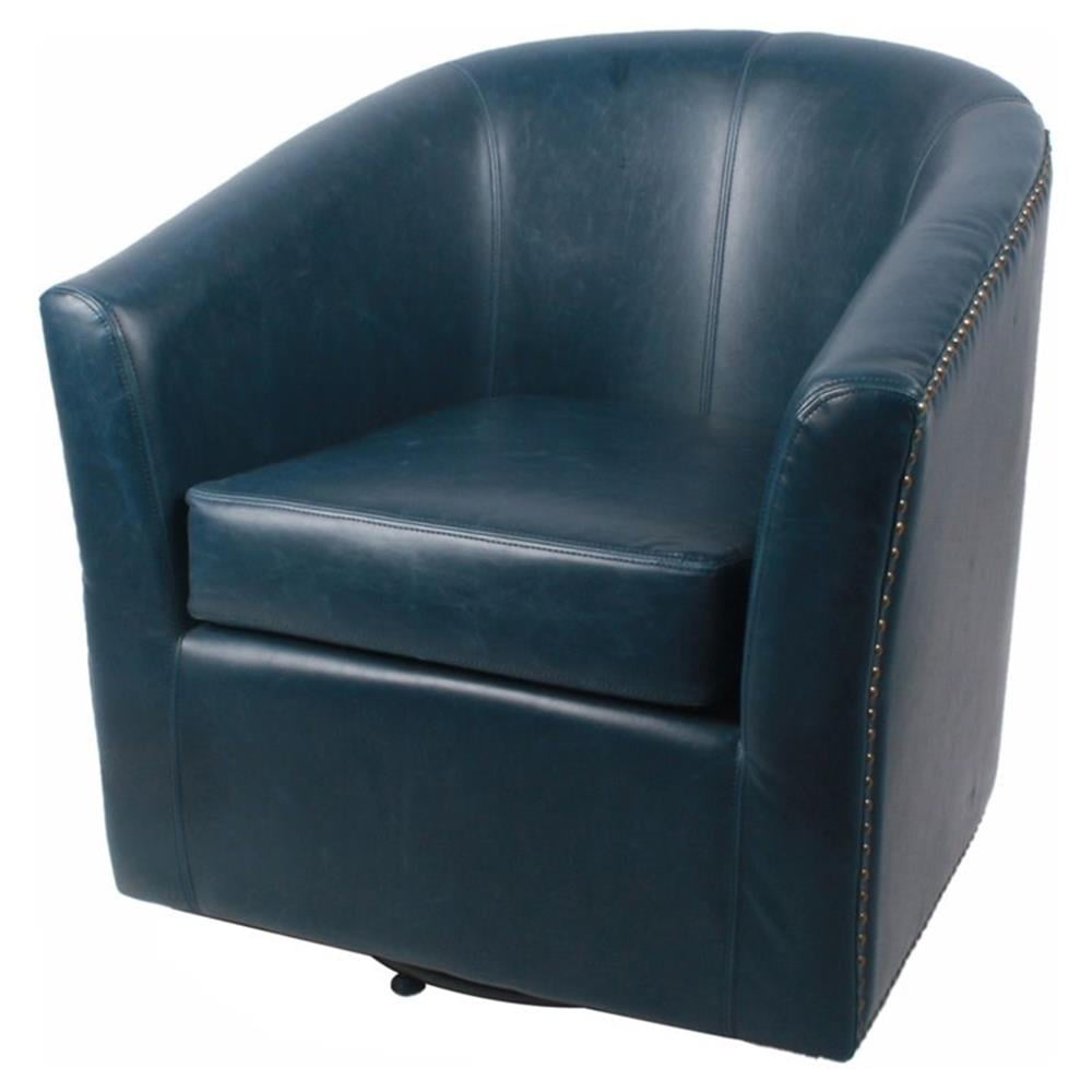 Vintage Blue Leather Swivel Barrel Accent Chair