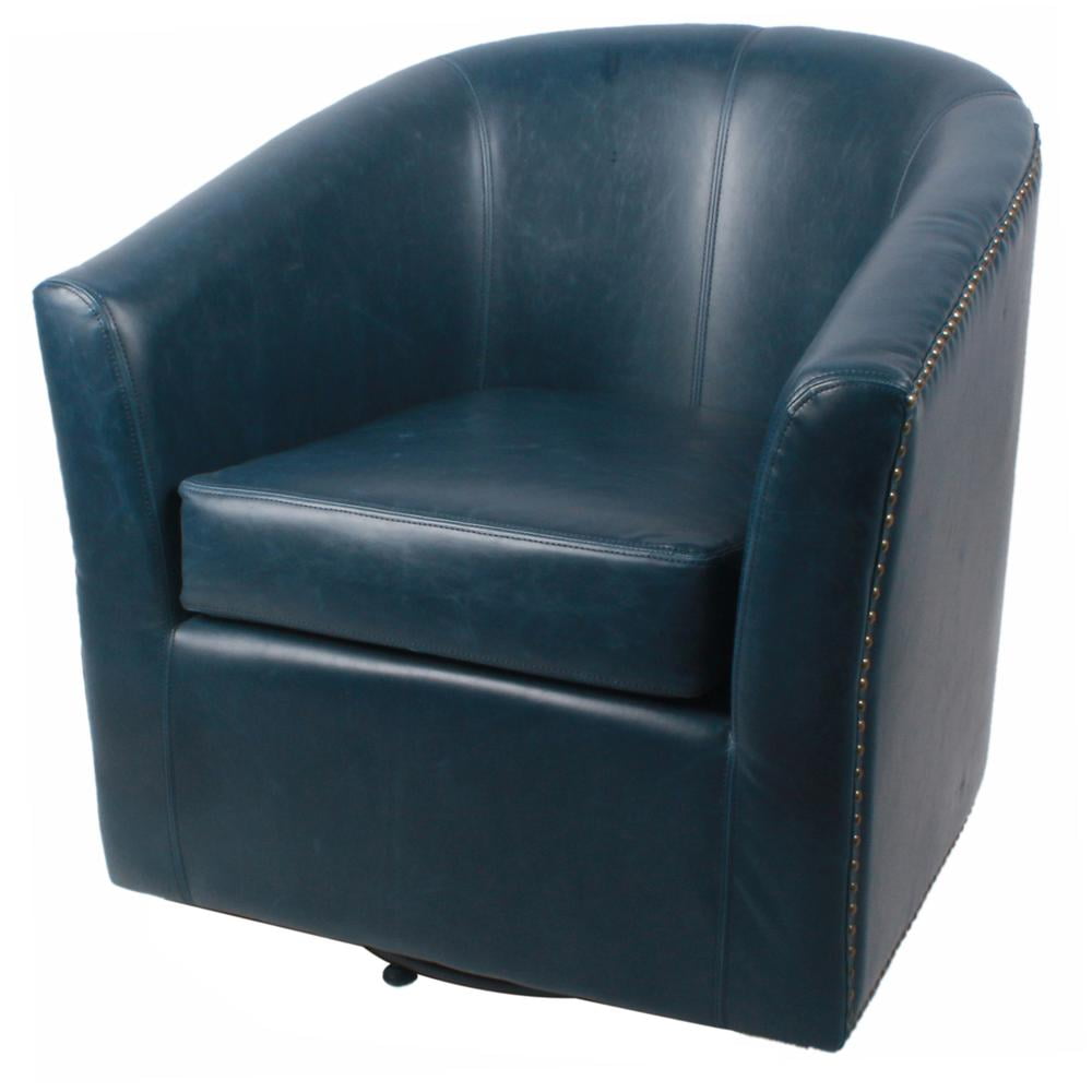 Vintage Blue Leather Swivel Barrel Accent Chair