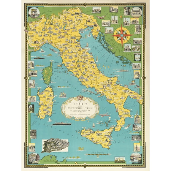 Ernest Chase 1944 Italy Vatican City Detailed Vintage Pictorial Map Unframed Wall Art Print Poster Home Decor