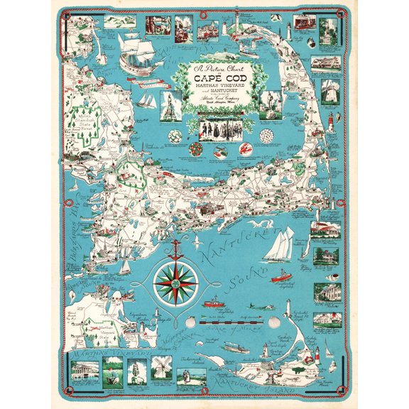 Ernest Chase 1949 Bright Pictorial Map Cape Cod Nantucket Massachusetts Unframed Wall Art Print Poster Home Decor