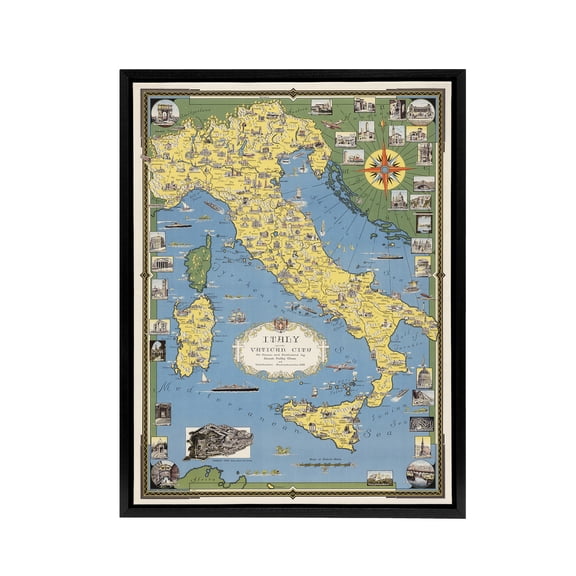 Ernest D Chase Italy Map With Vatican City Black Framed Canvas Art Print 12X16"