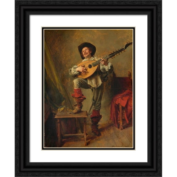 Ernest Meissonier 12x14 Black Ornate Wood Framed Double Matted Museum Art Print Titled: Soldier Playing the Theorbo (1865)