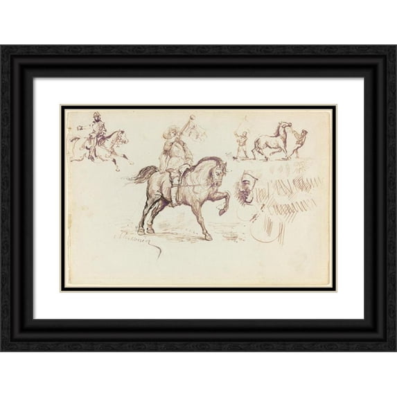 Ernest Meissonier 24x17 Black Ornate Framed Double Matted Museum Art Print Titled: The Herald of Murcia and Other Studies (Recto) (C. 1860)