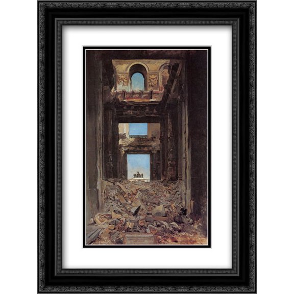 Ernest Meissonier 2x Matted 18x24 Black Ornate Framed Art Print 'The Ruins of the Tuileries Palace after the Commune of 1871'