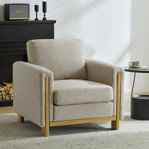 Ernest Mid-Century Modern Fabric Accent Armchair, Upholstered Club Chair with Solid Wood Frame, Beige+Natural