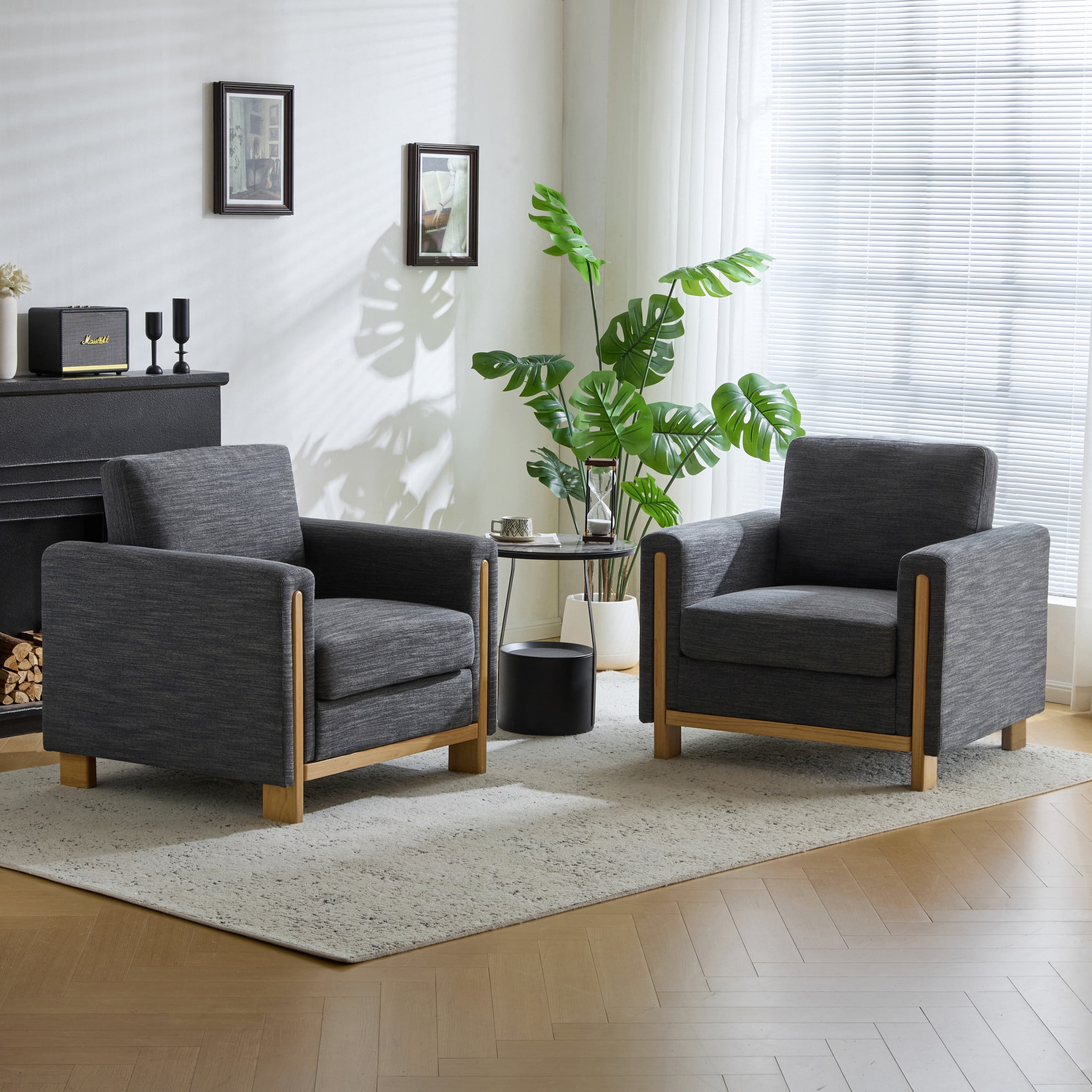 Ernest Mid-Century Modern Fabric Accent Armchair, Upholstered Club Chair with Solid Wood Frame, Charcoal+Natural, Set of 2