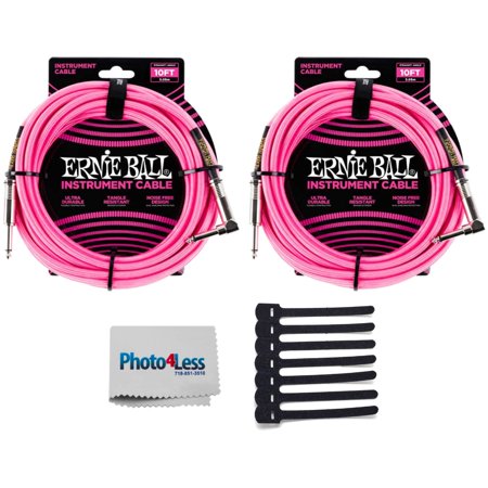 Ernie Ball 10' Braided Straight / Angle Instrument Cable - Neon Pink (2) + 3.5 L Wrap Hook-&-Loop Cable Tie BK PK 7