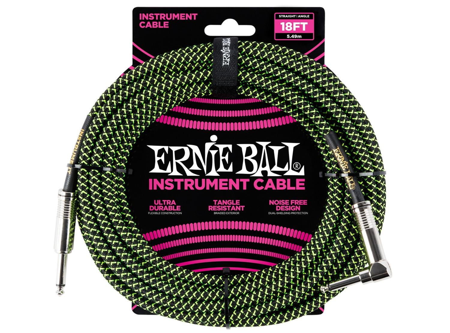 Ernie Ball 18' Braided Straight / Angle Instrument Cable, Black and Green