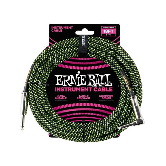 Ernie Ball 18' Braided Straight / Angle Instrument Cable, Black and Green
