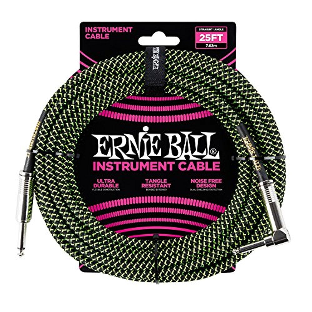 Ernie Ball 25' Braided Straight / Angle Instrument Cable - Black / Green