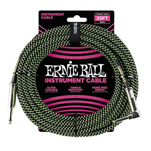 Ernie Ball 25' Braided Straight / Angle Instrument Cable - Black / Green