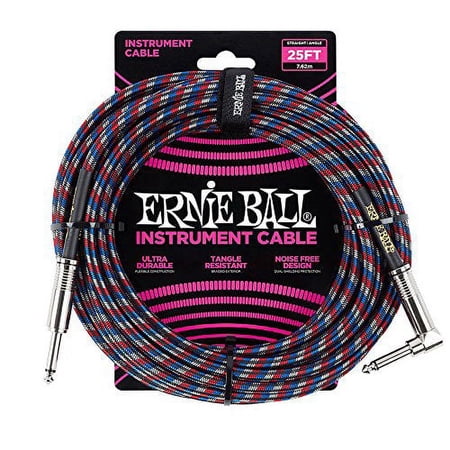 Ernie Ball 25' Braided Straight / Angle Instrument Cable Black/Red/Blue/White